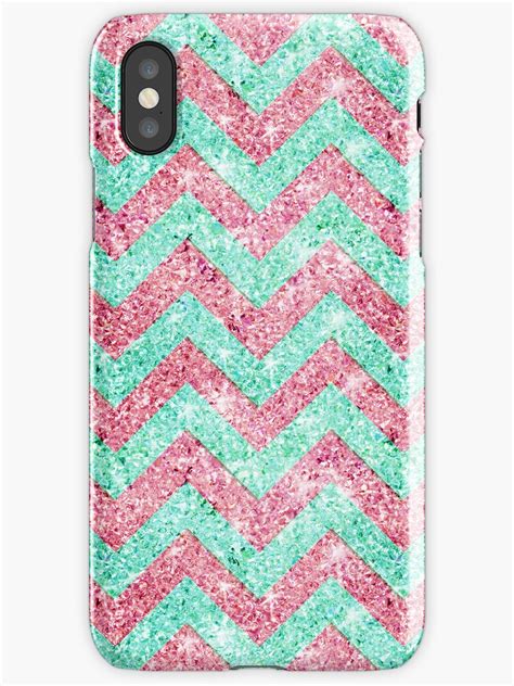 Chevron Pattern Pink And Teal Glitter Photo Print Iphone Cases