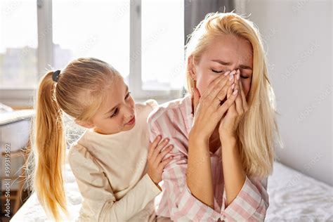 Sympathetic Kid Girl Calm Down Her Crying Mother Try To Help Ask What