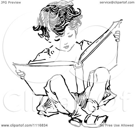 Clipart Of A Retro Vintage Black And White Boy Reading And Sitting