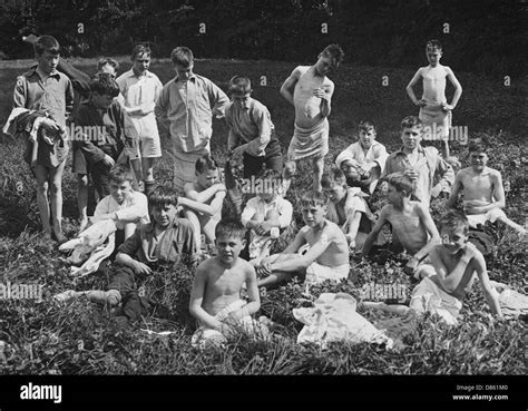 Boys Club Swimming And Relaxing By River 1927 Stock Photo Alamy