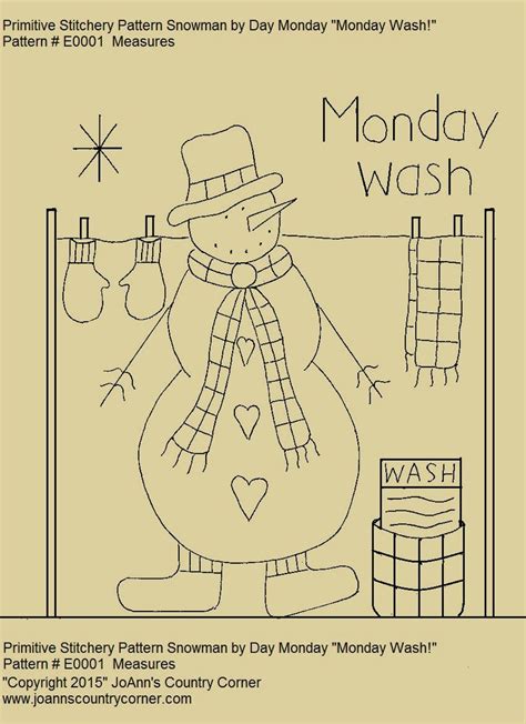 Primitive Stitchery E Pattern Snowman By Day Monday Etsy
