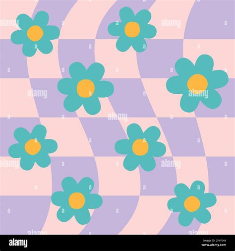 Vector Seamless Pattern Of Groovy Retro Checkered Texture With Flowers