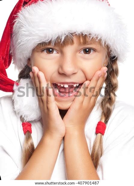 Portrait Happy Little Girl Santa Hat Stock Photo 407901487 Shutterstock