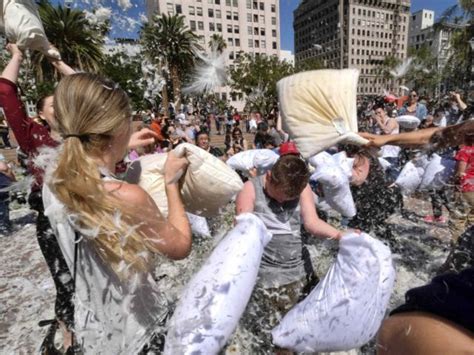 Massive Pillow Fight In Downtown Los Angeles On April Fools Day