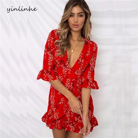 yinlinhe red summer dress 2018 short sleeve sash slim waist floral wrap dress women v neck