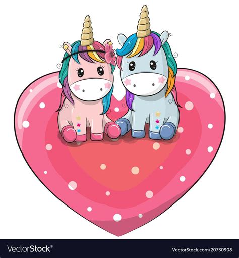 Two Cute Unicorns Are Sitting On A Heart Vector Image On Unicorn Images Cartoon Unicorn Cute