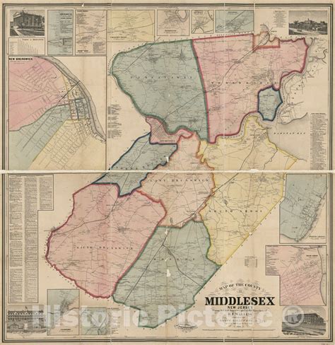 Historic 1861 Map Map Of The County Of Middlesex New Jersey From