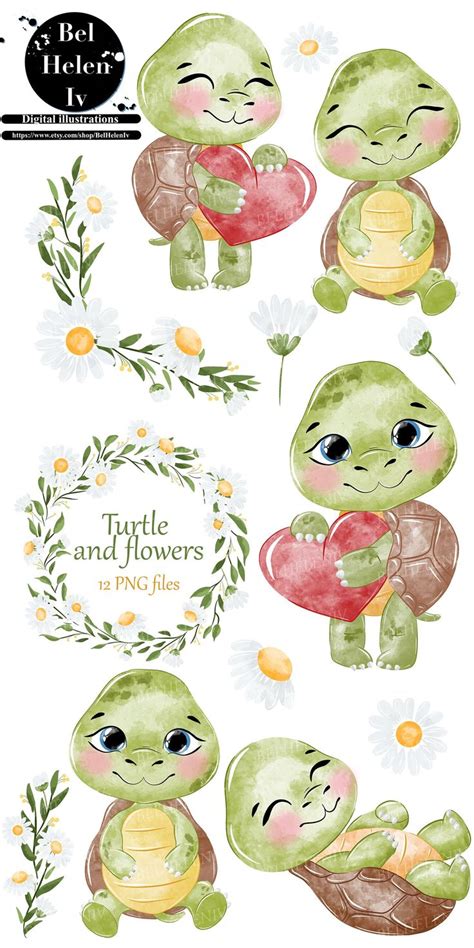 Turtles And Flowers Watercolor Clipart Set By Beedleheaddes On Devisy