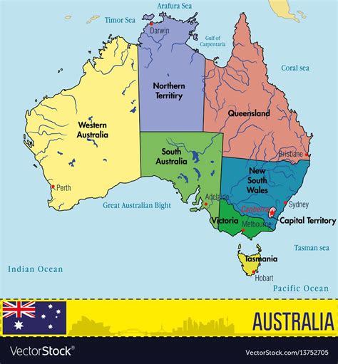 Australia Map With Regions And Their Capitals Vector Image On