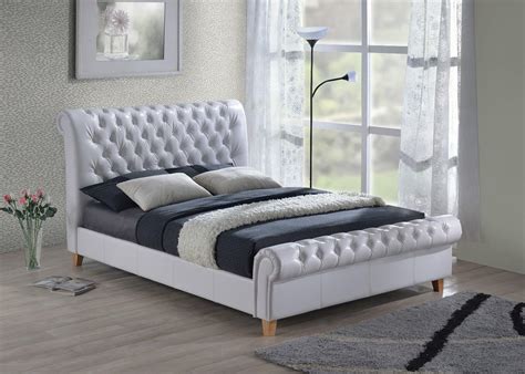 New Luxury Chesterfield 6ft Super King Size White Leather Sleigh Bed