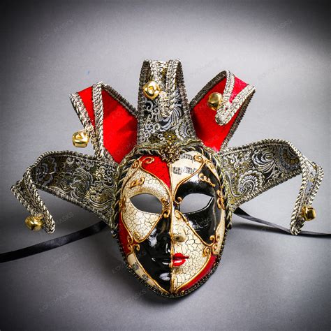 Jester Joker Venetian Masquerade Full Face Mask With Bells Red Black
