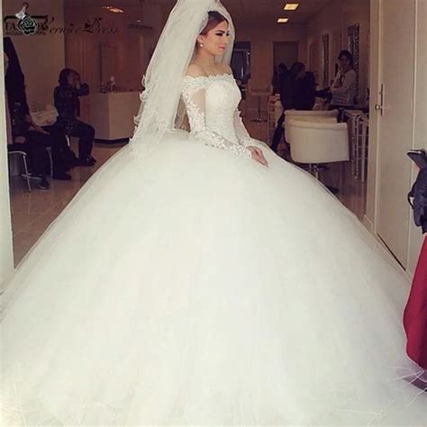 elegant white puffy ball gown wedding dresses 2017 boat neck appliqued lace long sleeves bridal