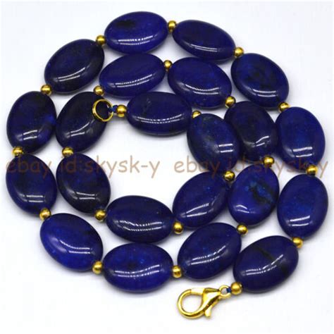 Dark Blue Jade 13x18mm Oval Gemstone Gold Spacer Beads Necklace