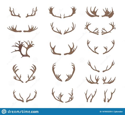 Set Of Deer Antlers Silhouettes Of Deers Isolated On White Background