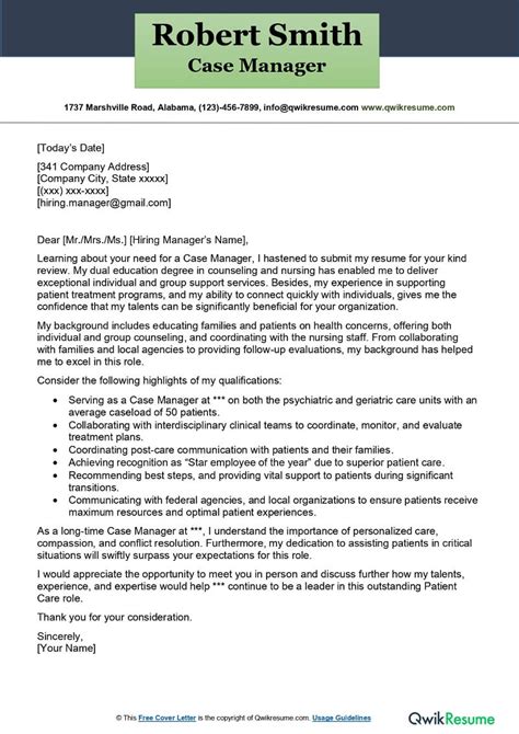 Case Manager Cover Letter Examples Qwikresume