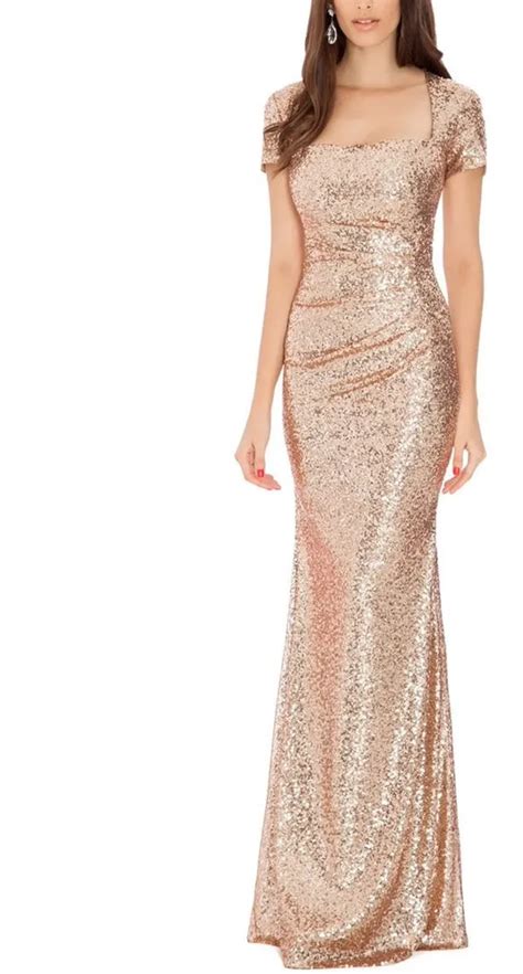 rose gold sequins evening dresse long 2017 square neck short sleeves elegant mermaid prom party