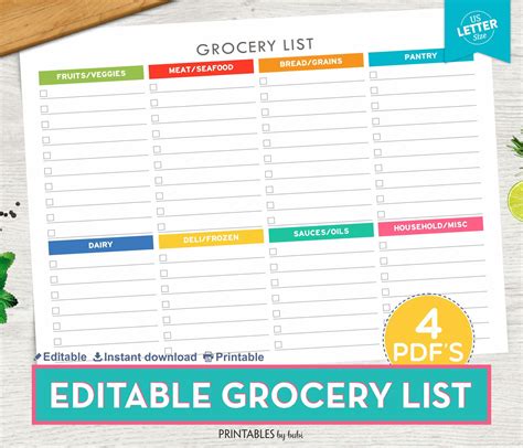 Grocery List Editable Shopping List Printable Grocery List | Etsy | Grocery list printable 