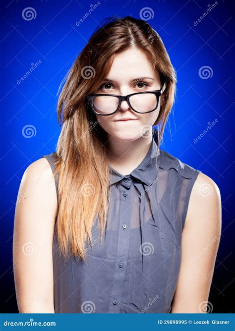 Young Woman Looking Through The Nerd Glasses Stock Image Image Of