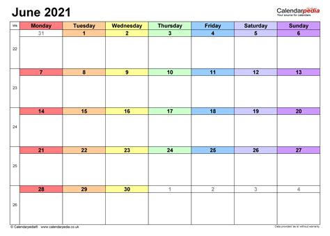 Calendar June 2021 Uk With Excel Word And Pdf Templates