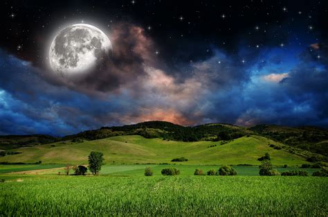 Scenery Fields Grasslands Sky Stars Night Moon Clouds Hill Hd