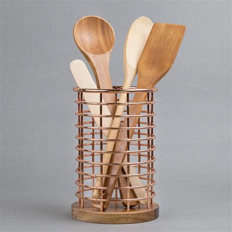 Deluxe Acacia Wood and Wire Utensil Tool Holder with Copper Finish, NA - Creative Home