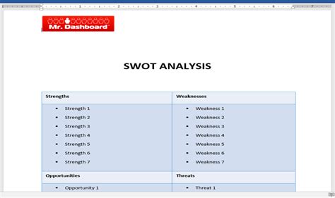 Swot analysis is a combination of strength, weakness, opportunity and threats of an organization. SWOT Analysis Template, Examples and Definition - Mr Dashboard