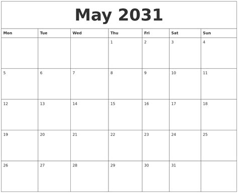 May 2031 Monthly Calendar To Print