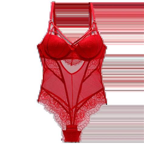 Bodysuit Women Push Up Red Strappy Cup Eyelash Lace Floral Pattern