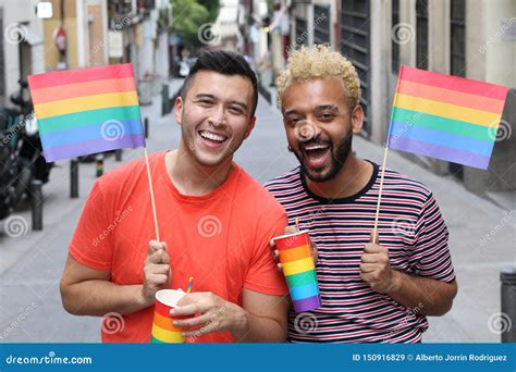 Gay Couple Smiling In A Pride Event Stock Image Image Of Lesbian