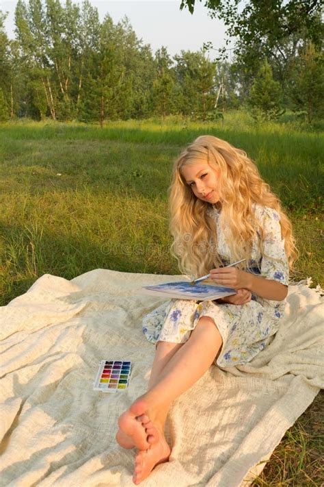 Beautiful Charming Barefoot Long Curly Blonde Hair Teenage Girl Stock Image Image Of Outdoor