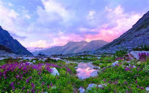 Valley With A Lake Rock Flowers Mountain Sky Clouds