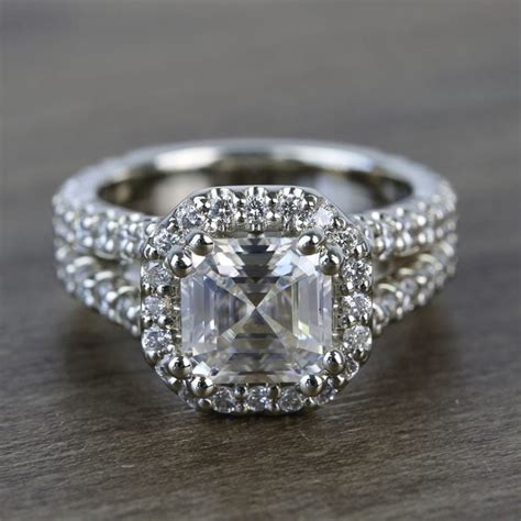Asscher Cut Moissanite Engagement Ring Diamond Halo