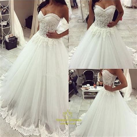 White Sweetheart Strapless Lace Bodice Ball Gown Wedding Dress Vampal Dresses
