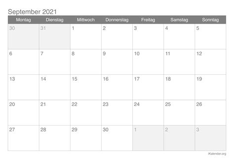 Kalender 2021 kostenlos downloaden und ausdrucken. Kalender September 2021 zum Ausdrucken - iKalender.org