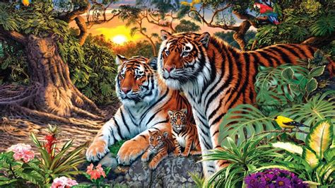 Animals Of The Jungle Tiger And Tigress With Two Cubs