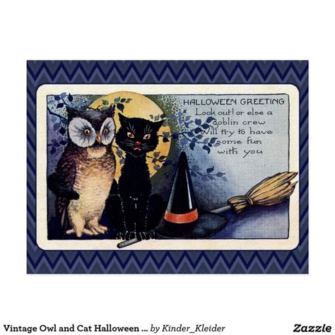 Vintage Owl And Cat Halloween Greeting Postcard