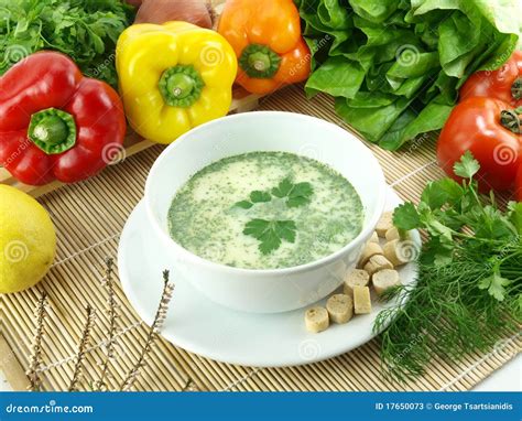 Green Herbs Soup Stock Image Image Of Crouton Vegetarian 17650073