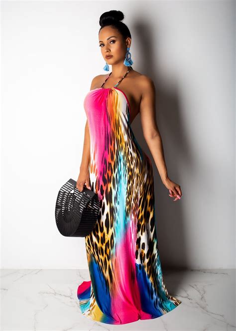 Colorful Halter Maxi Party Dress Elegant Trendy Ladies Fashion
