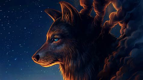 Wolf With Starry Sky Fantasy Art Wallpaper Backiee