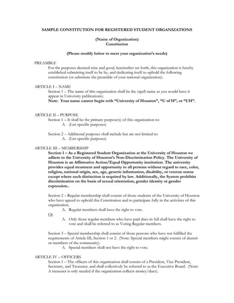 Sample Constitution For Registered Student Organizations Name Of