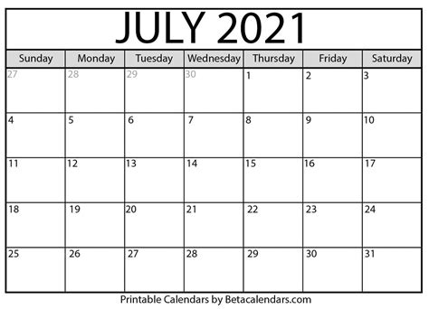 July 2021 Calendar Printable