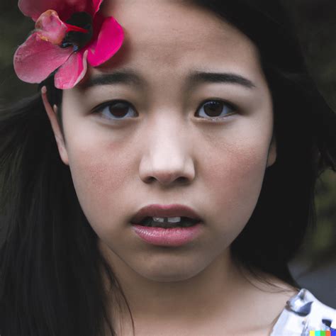 Half White Half Asian Girl Staring Instensively With A Flower In Her