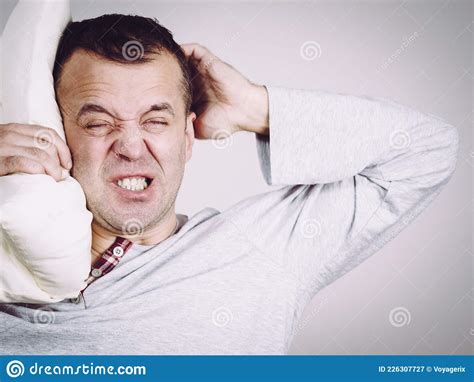 Man Sleepy Tired With Pillow On Grey Stock Image Image Of Angry