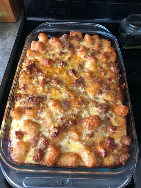 Then put the tots on, then added triple cheddar shredded cheese on top of the tots. TATER TOT SAUSAGE BREAKFAST CASSEROLE