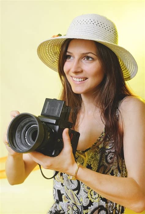 Happy Tourist Woman In Summer Casual Clothes Hat With Photo Camera