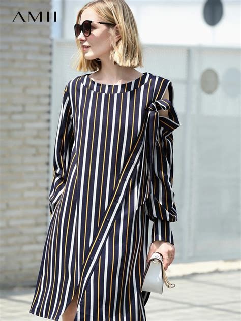 Amii Office Lady Striped Dresses Women Autumn Elegant Straight Loose O Neck Hollow Out Lace Up