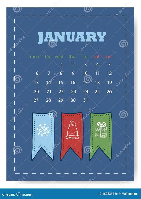 January Calendar Template Cute Calendar Leaf For January Month Stock