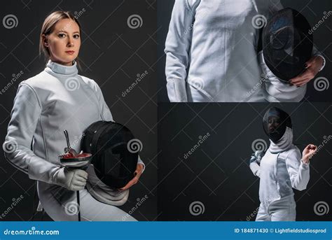 Of Beautiful Fencer Holding Mask And Stock Photo Image Of Lighting Swordswoman