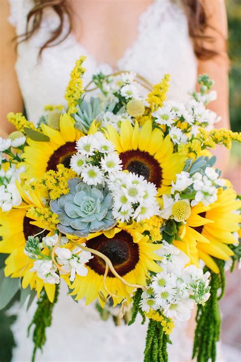 Bright Sunflowers Succulent And Daisy Bouquet Yellow Wedding Flowers