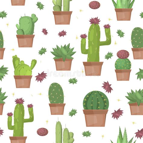 Cacti Seamless Pattern With Succulen Green Cactus Vector Illustration